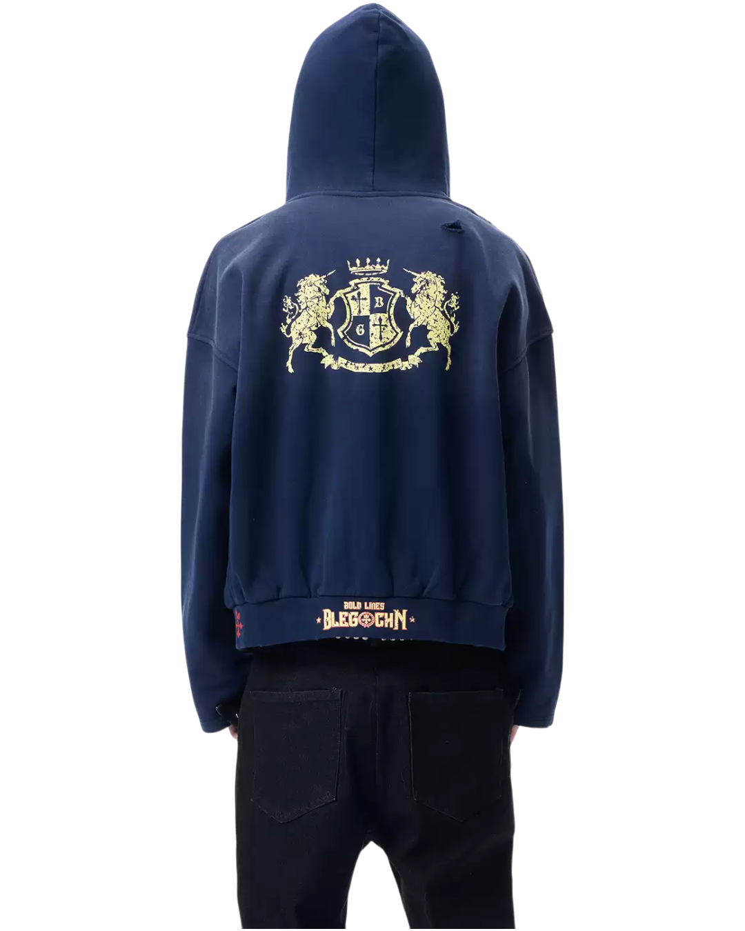 Back view: navy hooded zip-up hoodie with large gold crest graphic
