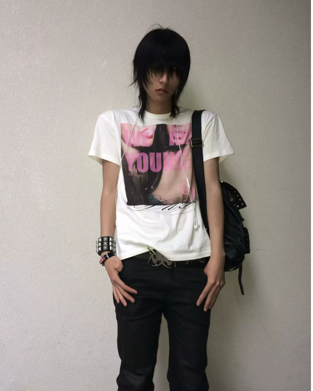 White crew-neck graphic T-shirt with pink and purple 'YOU' square print on front