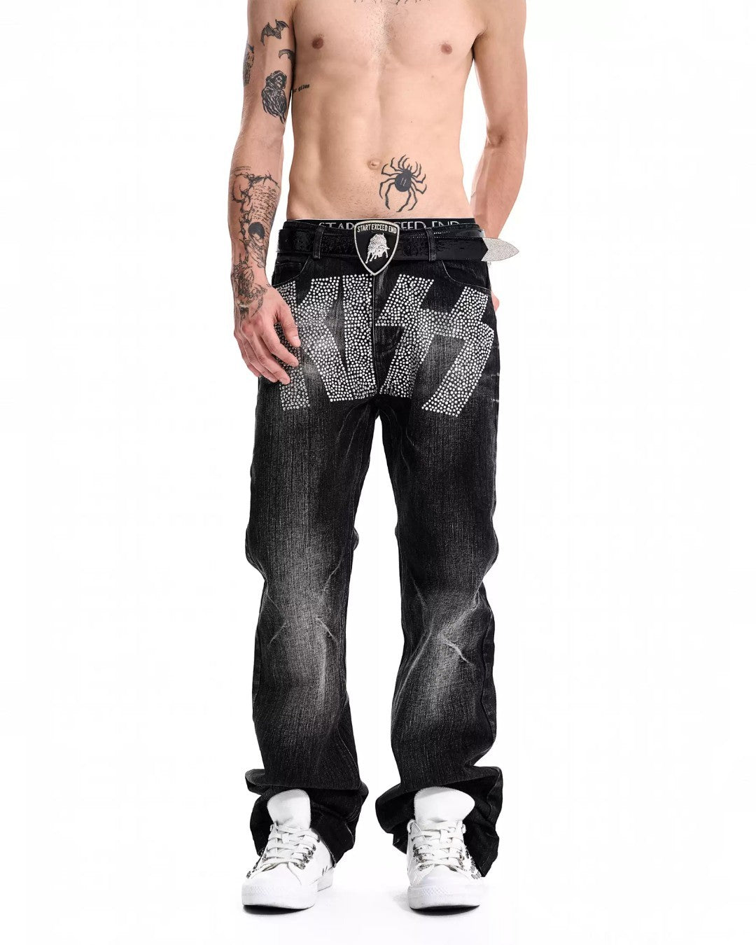 Men's dark wash KISS jeans with gray geometric front panel print