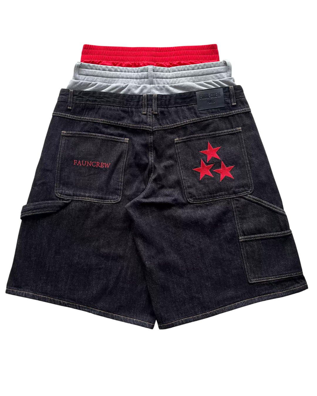 FAUNCREW denim shorts with red waistband, gray yoke, star patch on right pocket