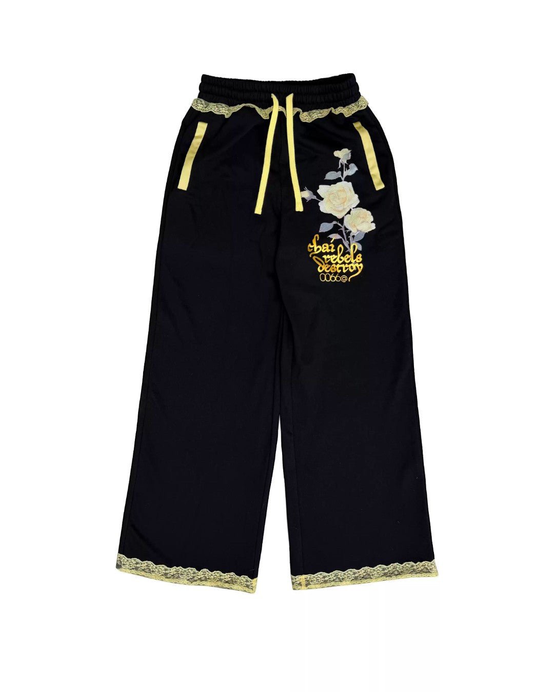 CHAI 26AW Yellow Rose Lace-Trim Graphic Wide-Leg Sweatpants - SWAGLAB
