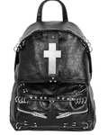 Black studded backpack with front cross patch and zip pockets