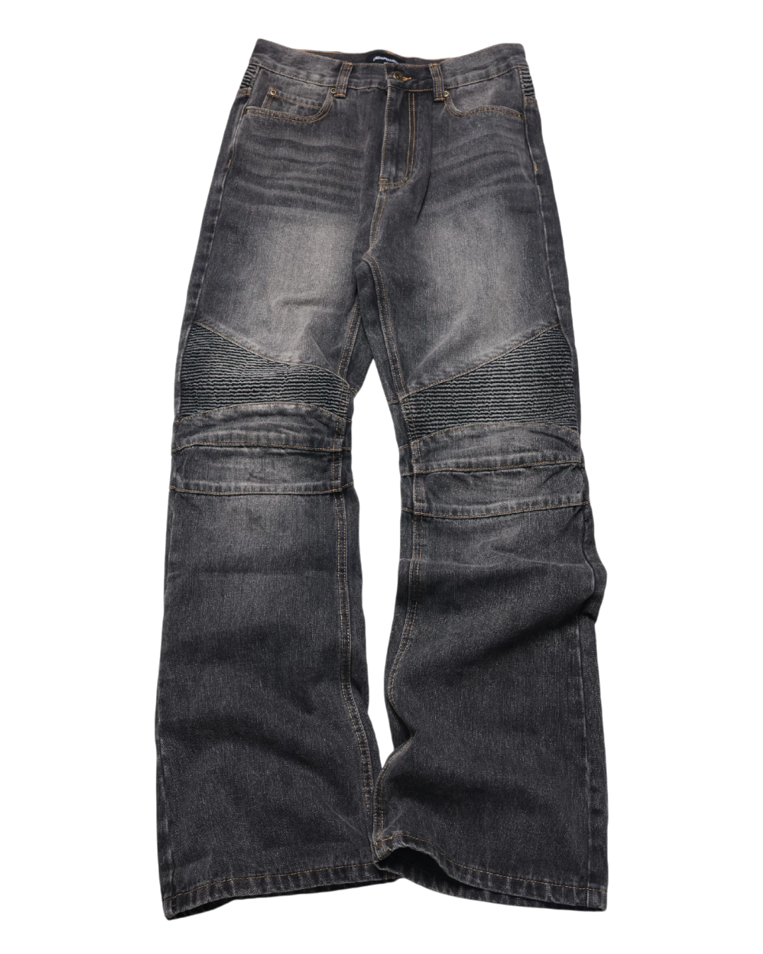 Pair of dark blue jeans with visible wear and tear on a white background