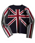 Navy crew-neck knit top with Union Jack graphic and ribbed striped sleeves