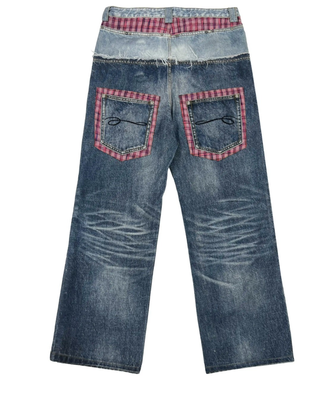 Light-wash wide-leg denim jeans with red plaid waistband and square patch pockets