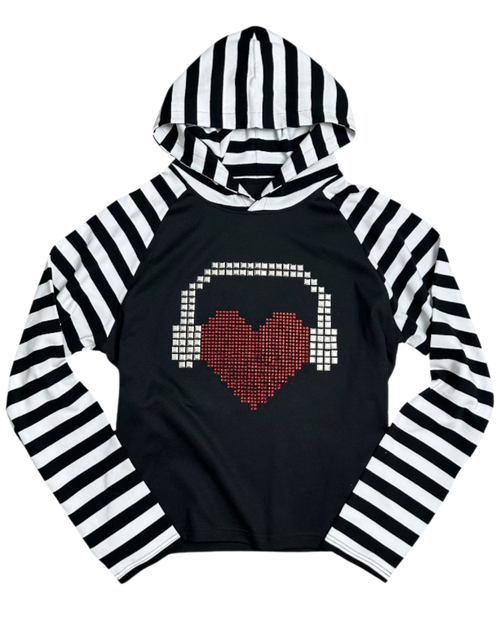 Black pullover hoodie with white striped sleeves and hood, pixel heart graphic on chest