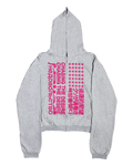 Gray pullover hoodie with red/white chest text graphic, hood and front pocket