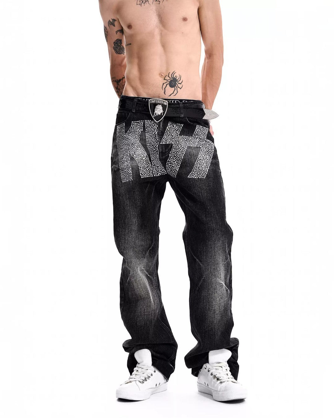 Men's KISS jeans, dark wash with gray geometric panel print at front