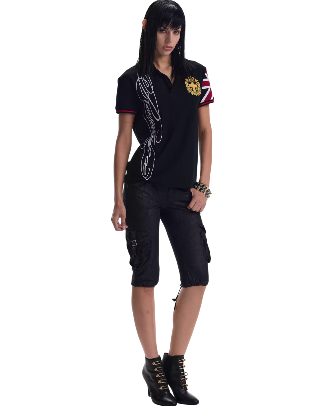 NoE black embroidered polo tee