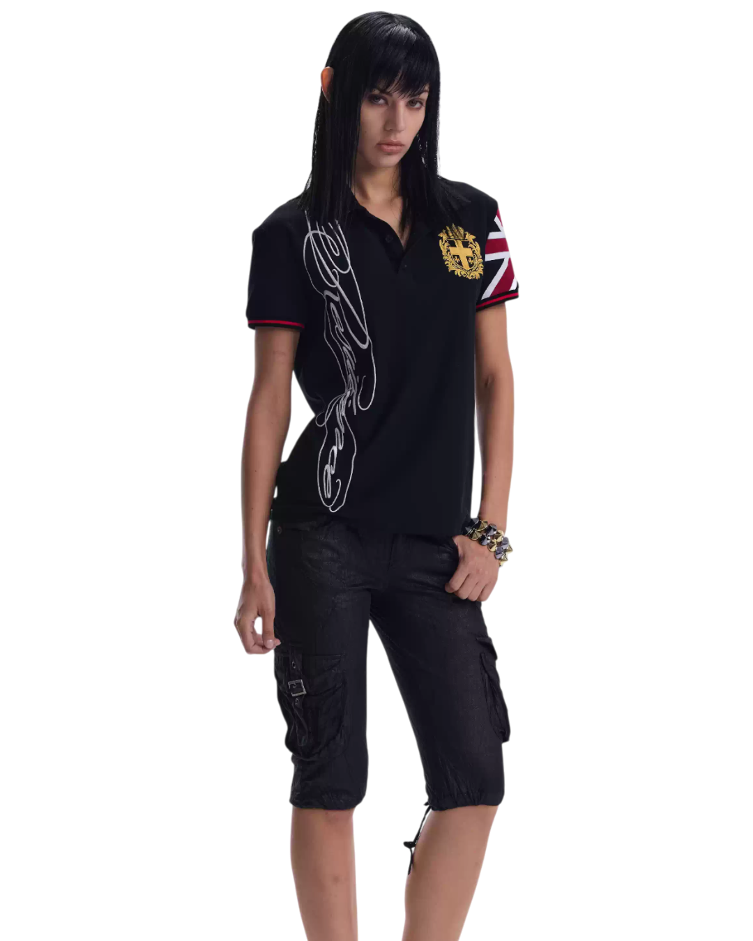NoE black embroidered polo tee