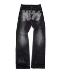 Dark wash jeans with gray geometric panel print, straight leg