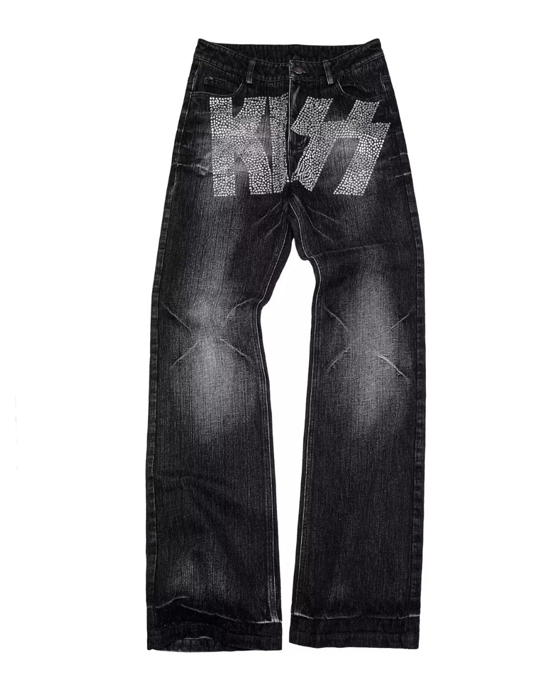 Dark wash jeans with gray geometric panel print, straight leg