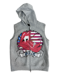 Gray sleeveless hoodie with a graphic design on a white background