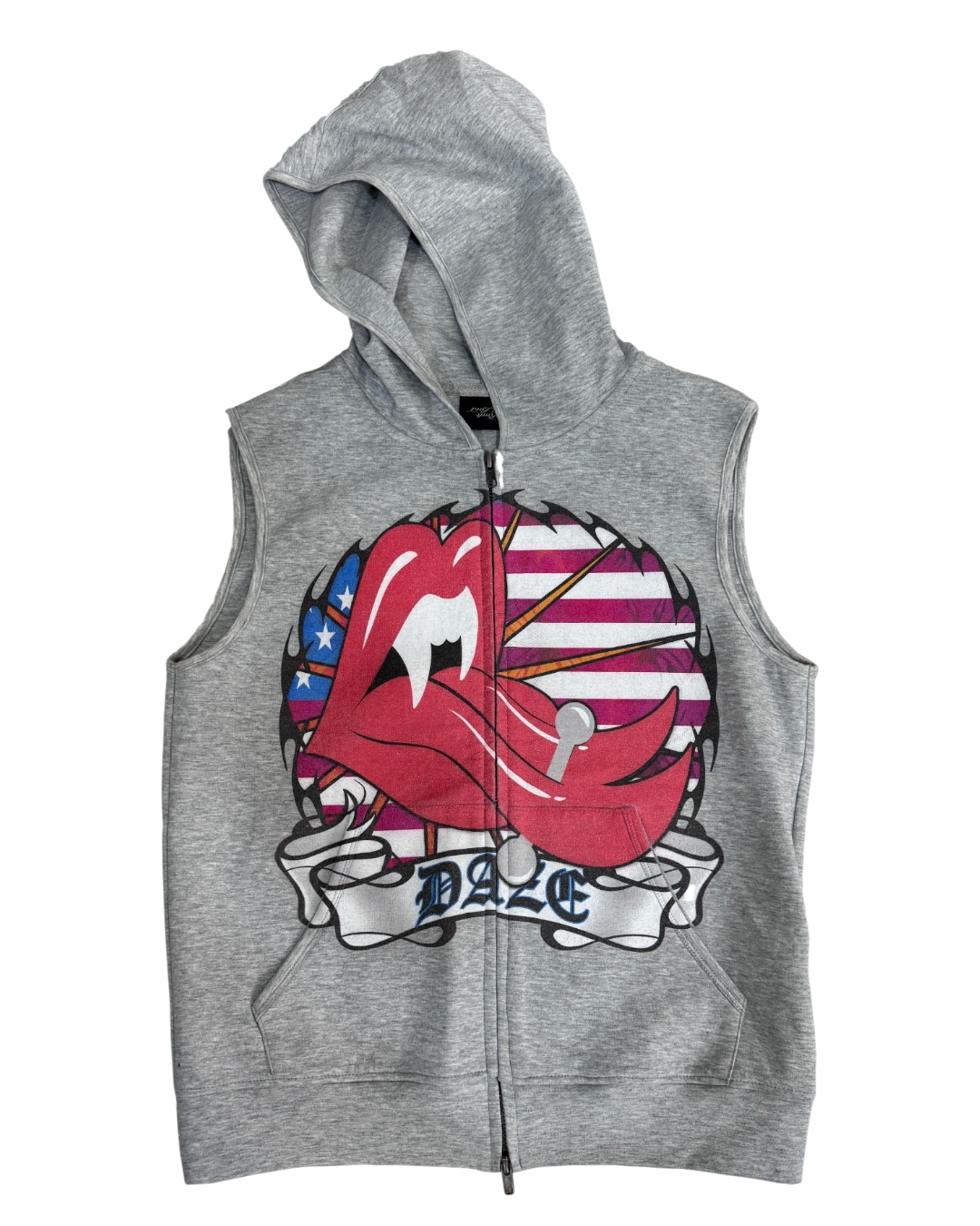 Gray sleeveless hoodie with a graphic design on a white background