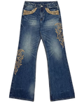 Dark blue flare denim jeans with gold tribal embroidery at pockets and legs