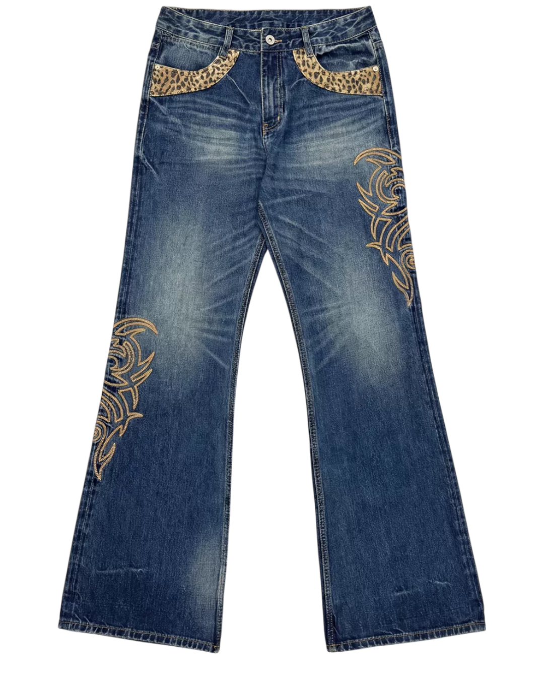 Dark blue flare denim jeans with gold tribal embroidery at pockets and legs