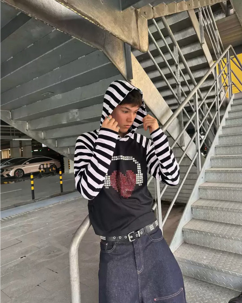 Black hoodie with white striped sleeves and pixel heart graphic, front pocket, hooded