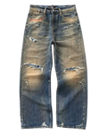 Distressed straight-fit jeans, medium blue wash with large knee and thigh rips