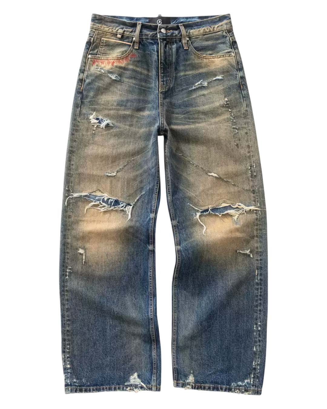 Distressed blue jeans on a white background