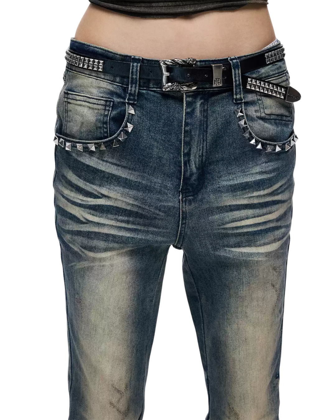 Dark blue skinny jeans with distressed wash, studded pocket accents, and belt loops