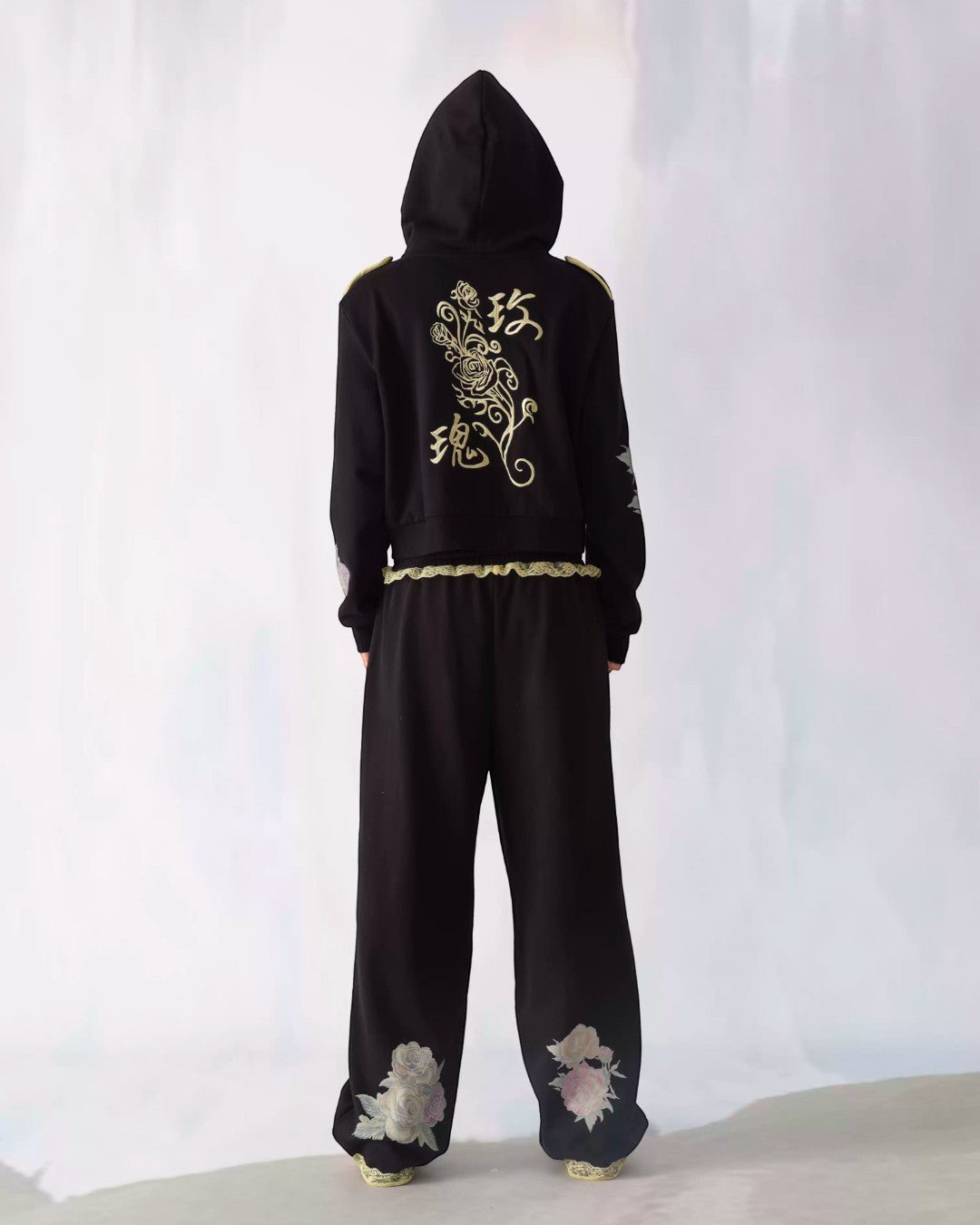CHAI 26AW Yellow Rose Lace-Trim Graphic Wide-Leg Sweatpants - SWAGLAB