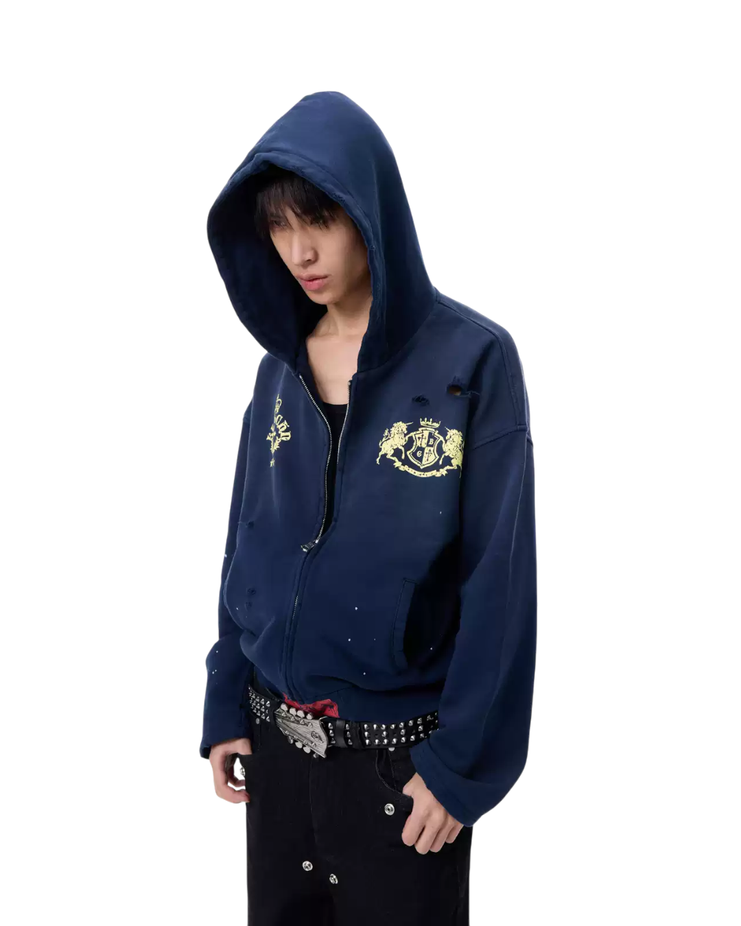 Navy hooded zip-up hoodie with gold crest embroidery and front zipper