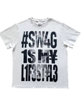 White graphic T-shirt with bold hashtag blocks and numbers on front