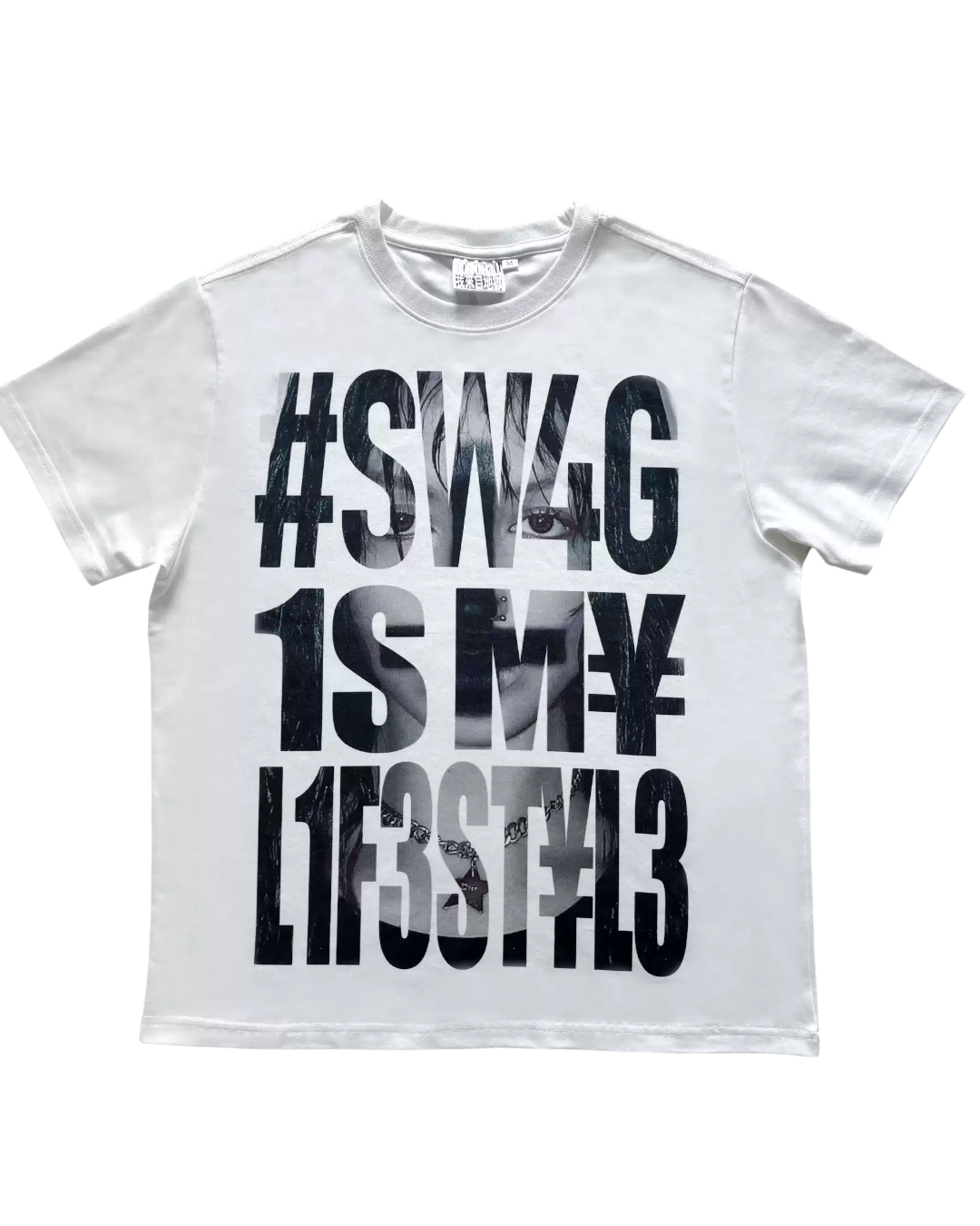 White graphic T-shirt with bold hashtag blocks and numbers on front