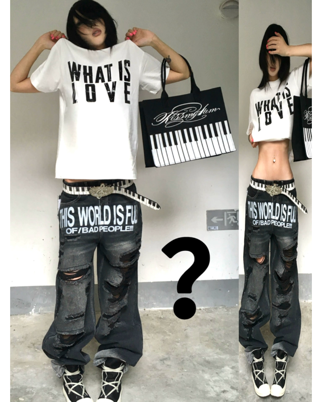 Person wearing a white t-shirt with text and black pants, holding a bag with a keyboard design.