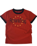 Red crewneck T-shirt with star-burst logo and text