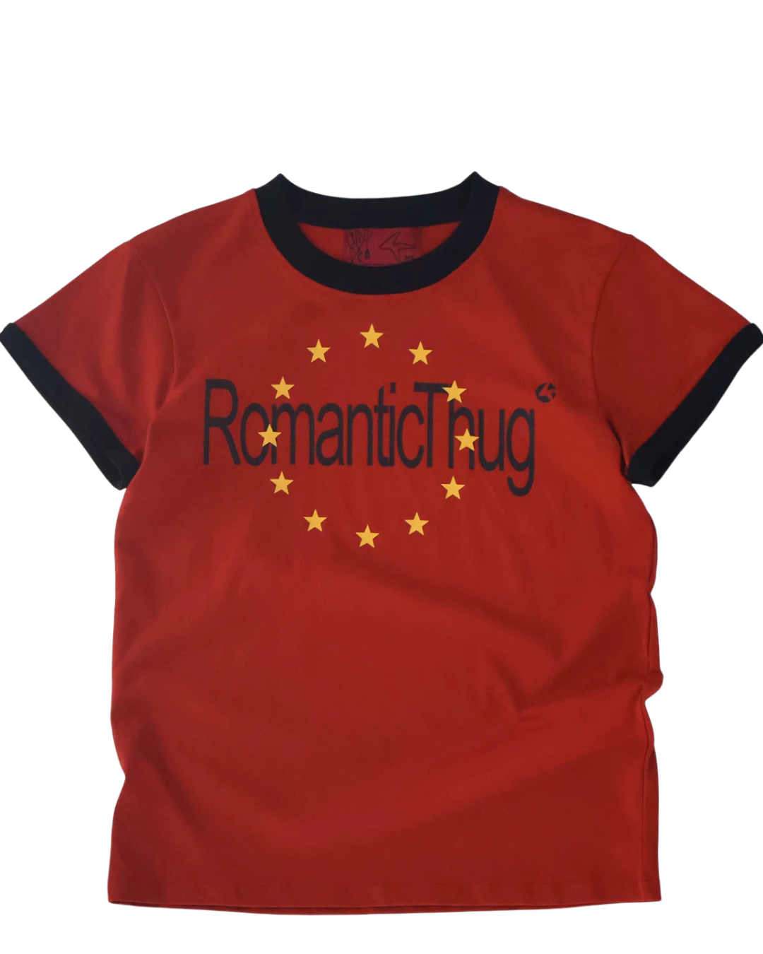 Red crewneck T-shirt with star-burst logo and text