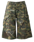 Camouflage cargo shorts on a white background