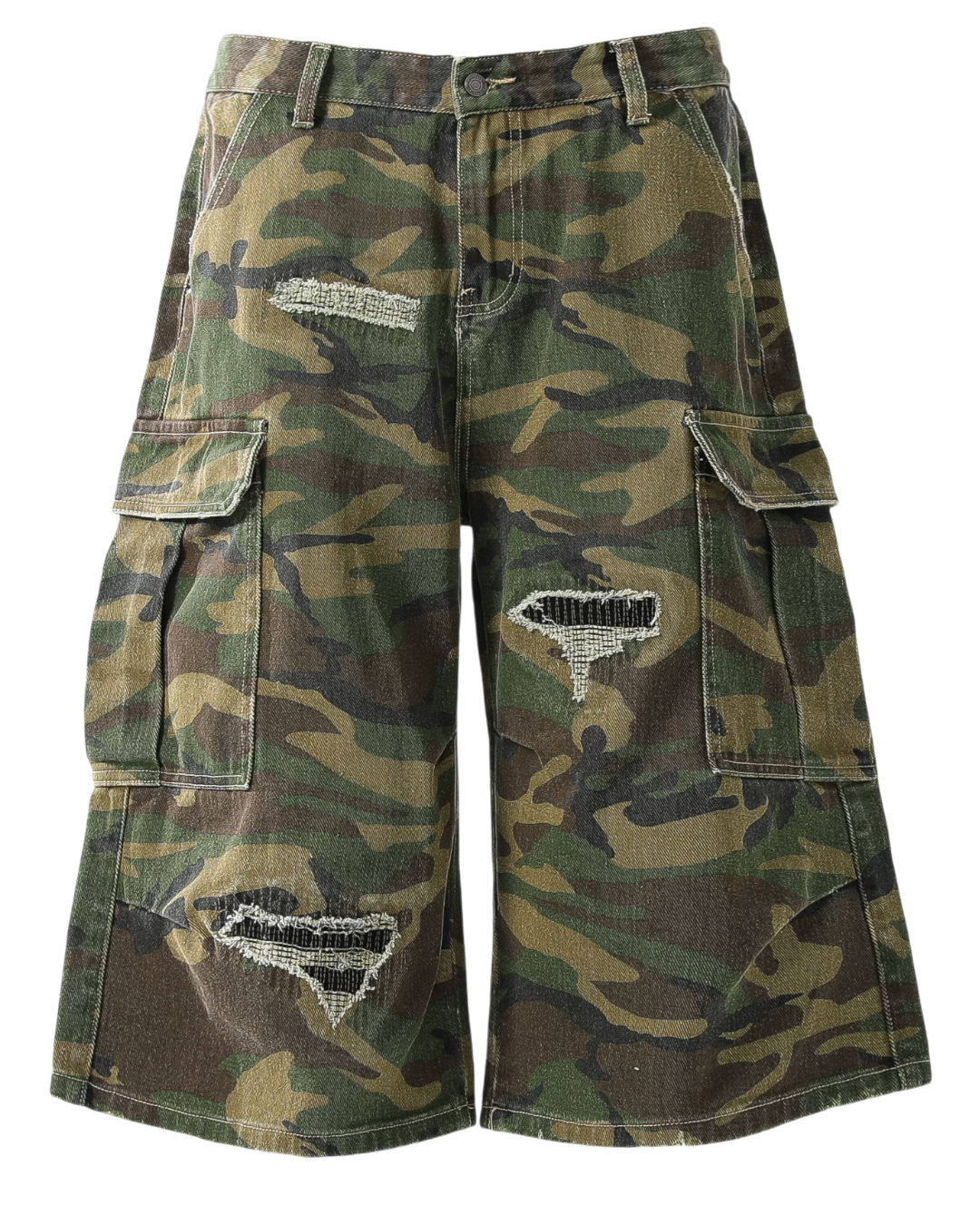 Camouflage cargo shorts on a white background