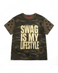 Camo graphic t-shirt with star sleeves and text "SWAG IS MY LIFESTYLE"