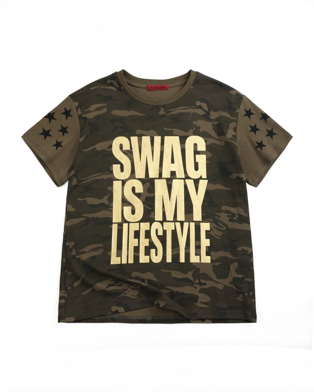 Camo graphic t-shirt with star sleeves and text "SWAG IS MY LIFESTYLE"