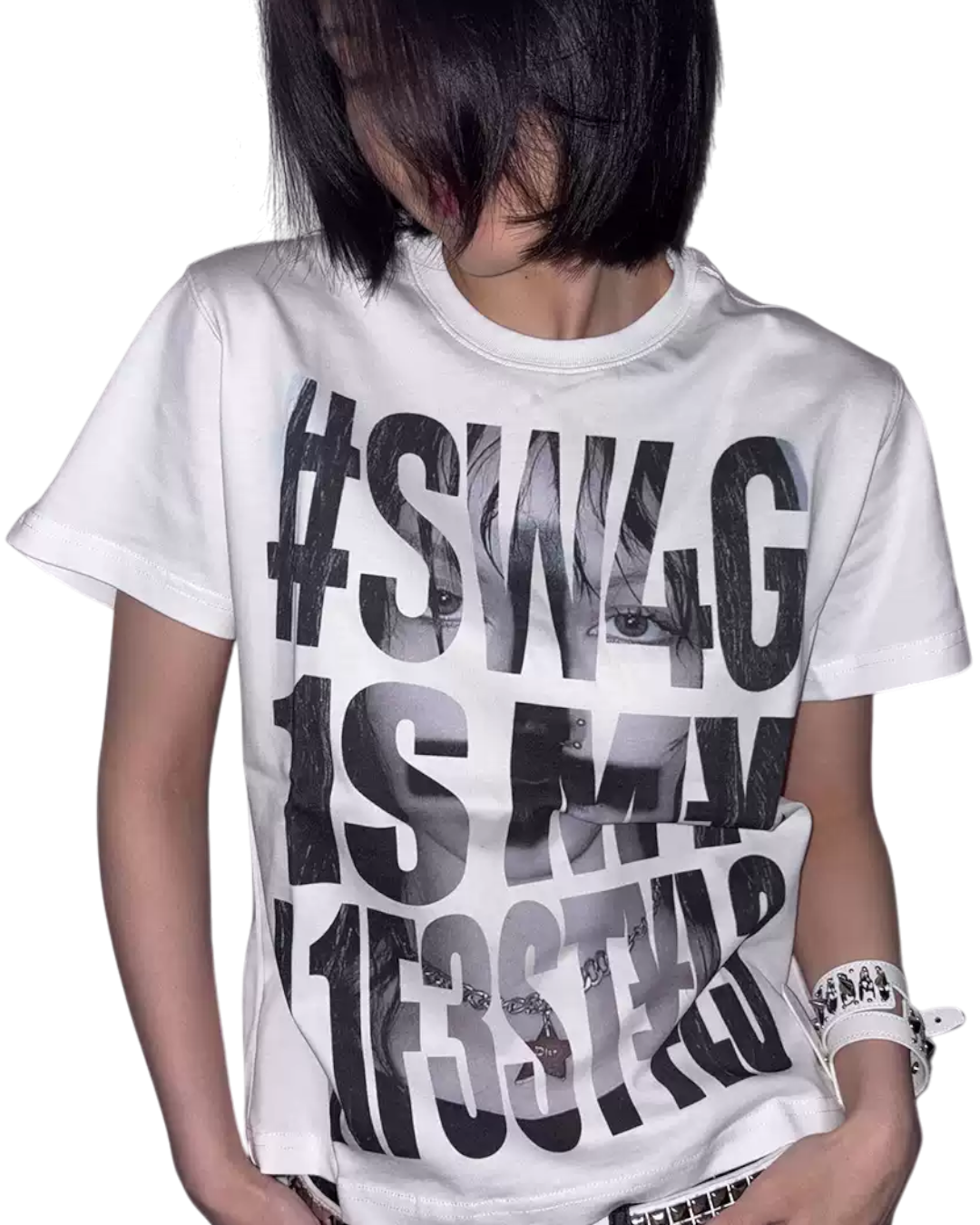 White T-shirt with large black hashtag blocks typography graphic on front