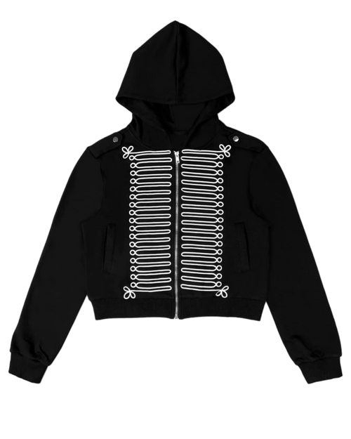 Black zip hoodie with hood and front zipper, white ornamental stripe-and-dot graphic