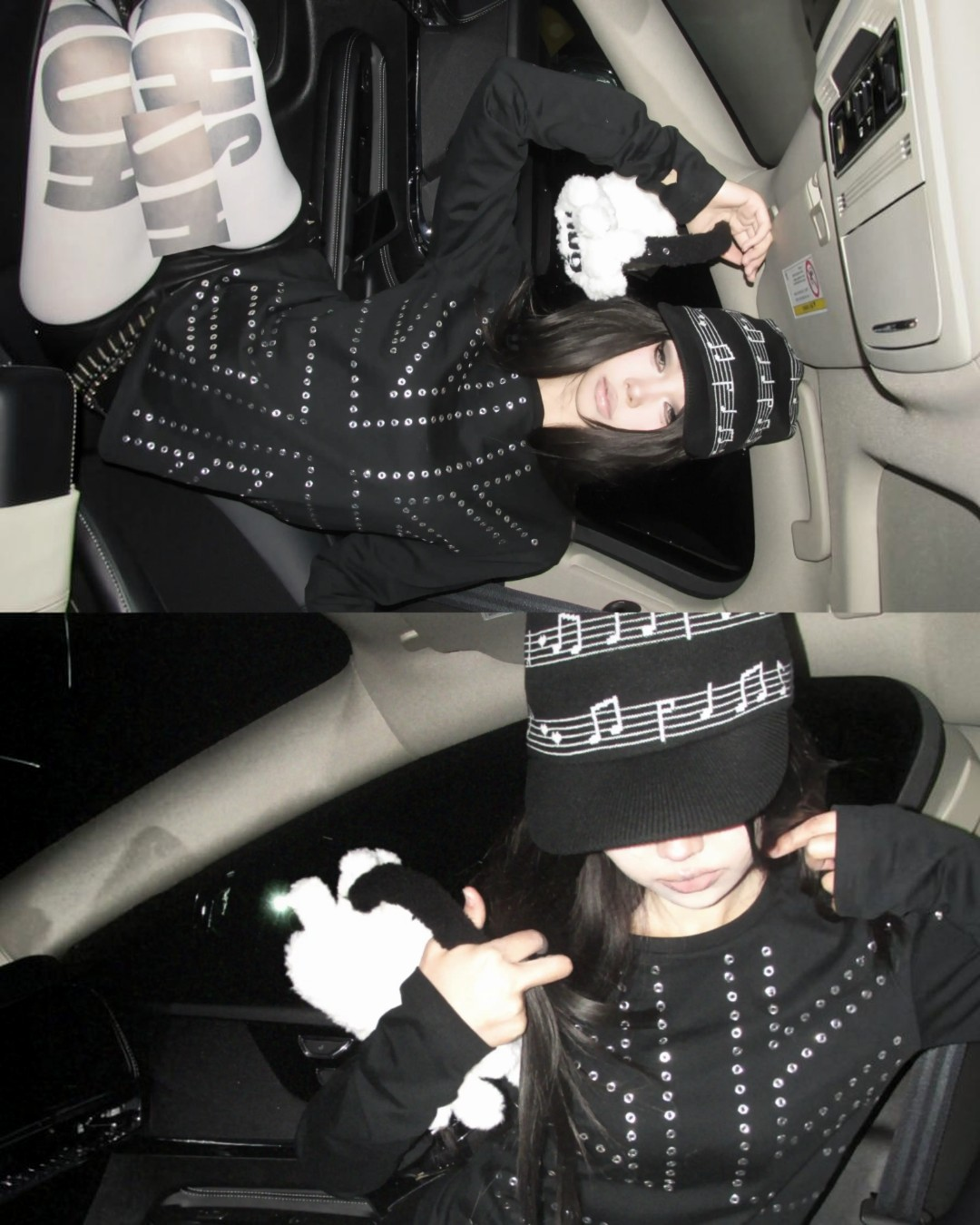 Black studded long-sleeve top with cross-style dot pattern on the front