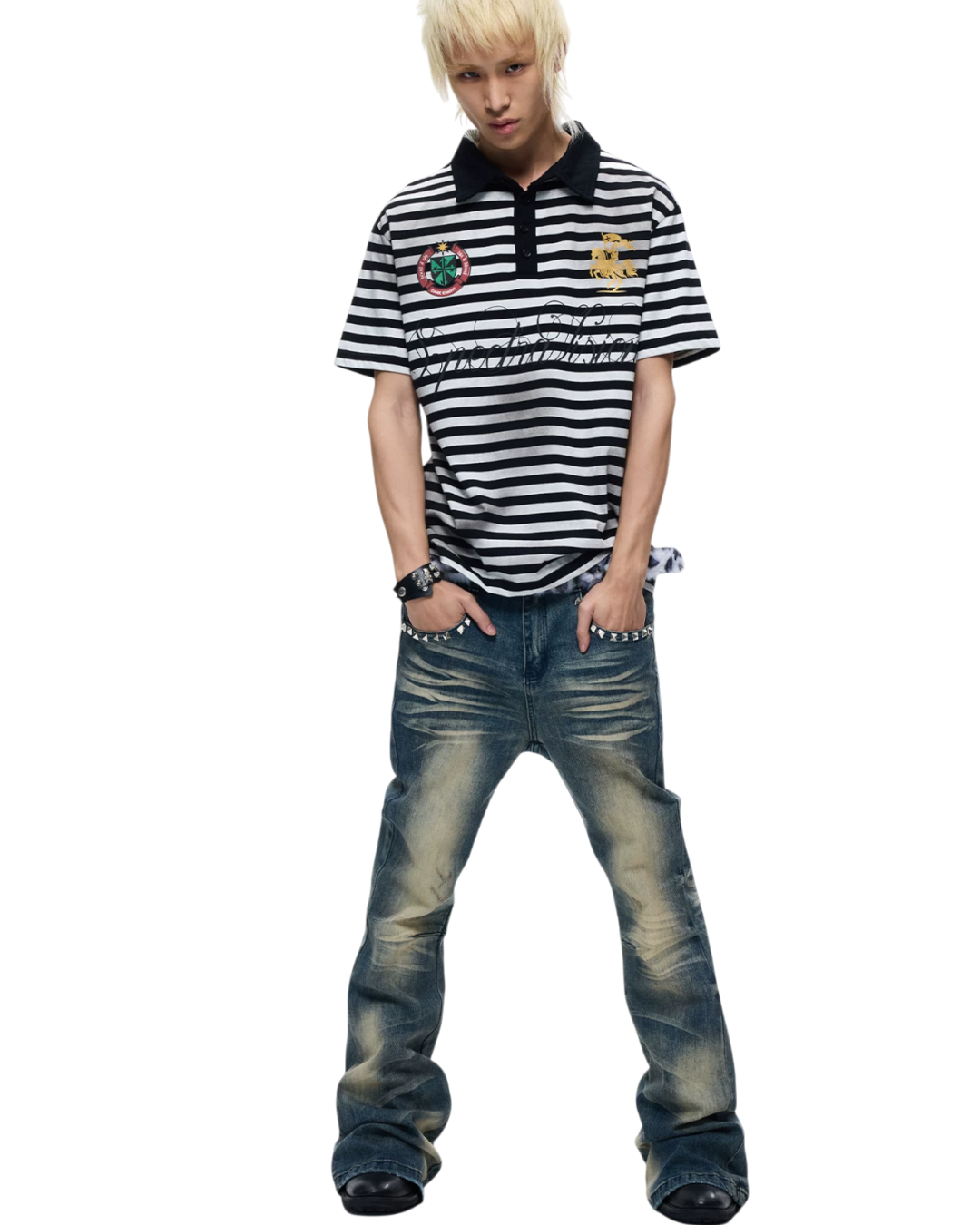 Blue skinny jeans with light wash fading, tapered fit, and worn knee creases
