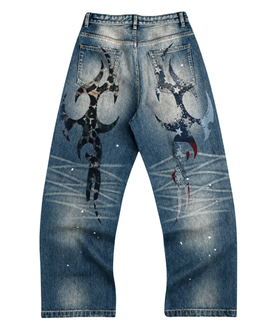 Blue jeans with artistic designs on a black background