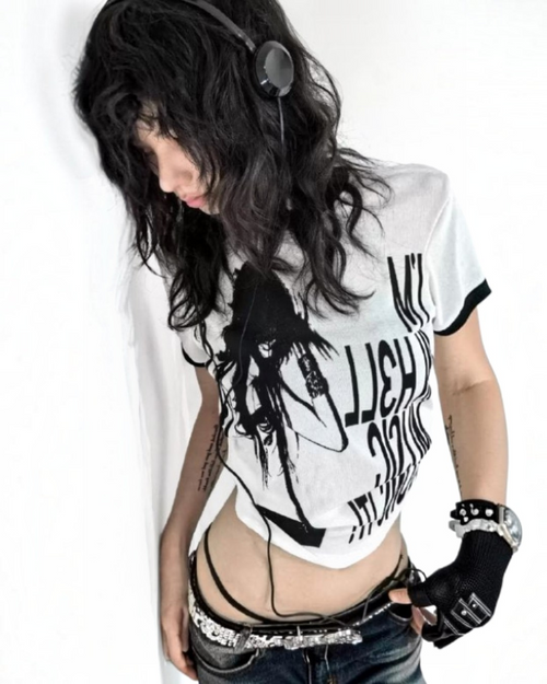 White T-shirt with black graphic of a woman and stacked text, side view