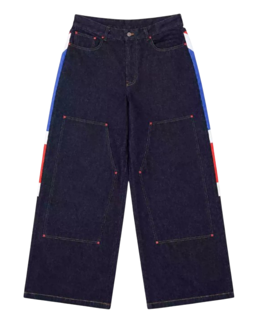 Baggy dark denim pants with stitched patch pockets, red contrast topstitching