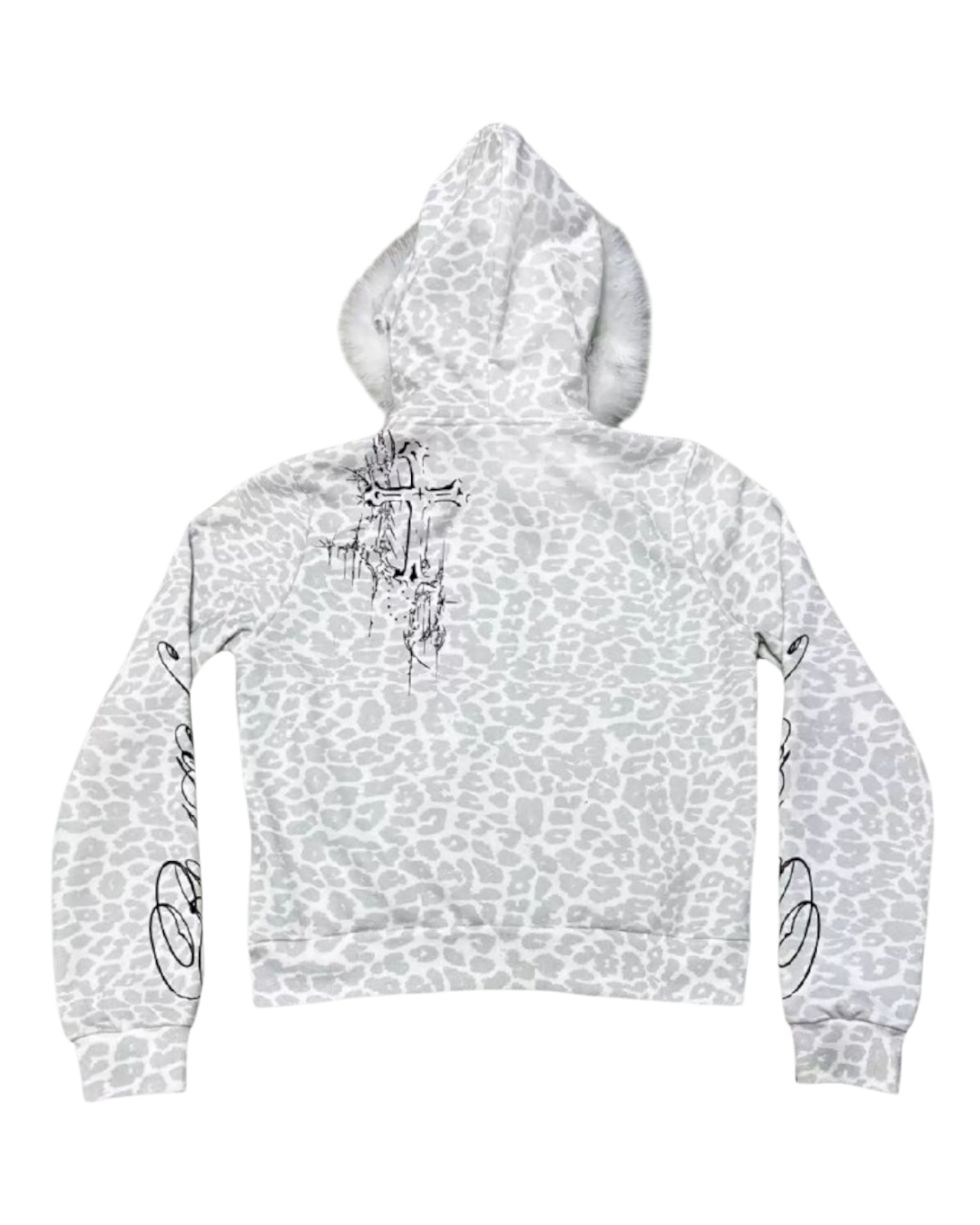 Leopard-print zip hoodie with faux fur hood trim and drawcord lace details