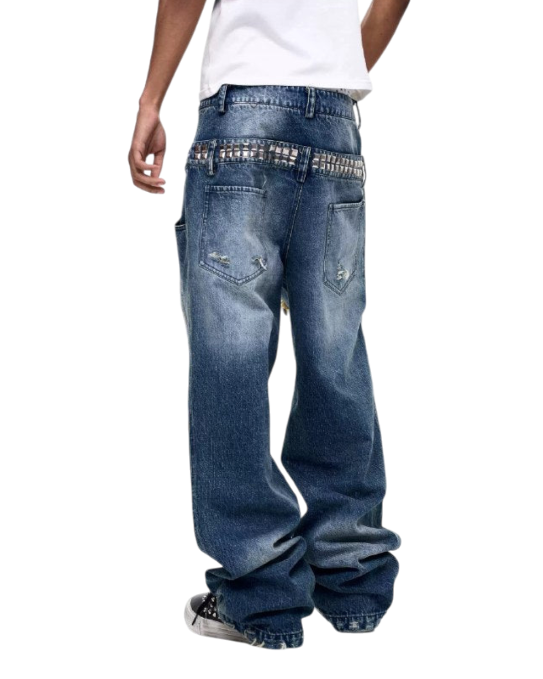 Washed blue wide-leg jeans with distressed pockets and knee rips; relaxed fit