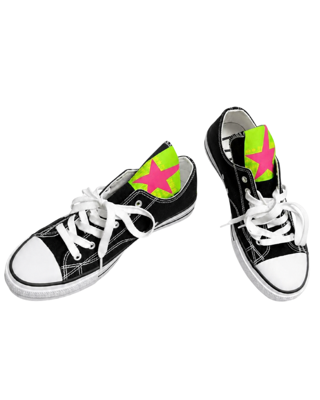 Black canvas sneakers with neon green star panels, white laces, and white rubber toe caps