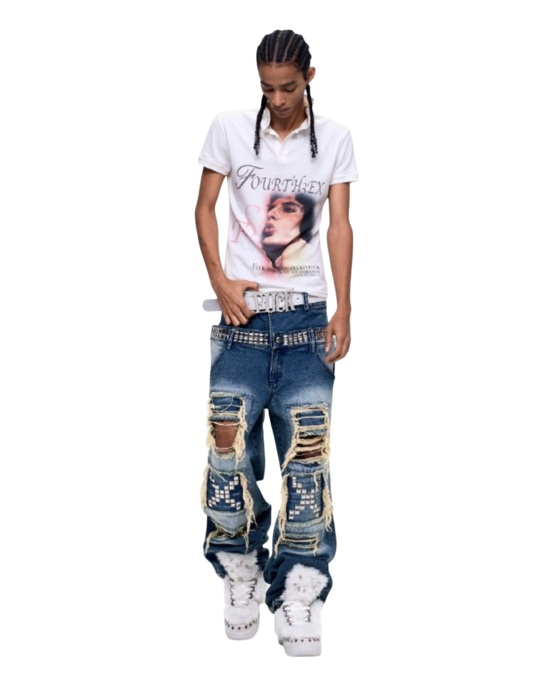 Blue punk jeans with oversized patchwork holes, whiskering, and frayed cuffs; wide leg