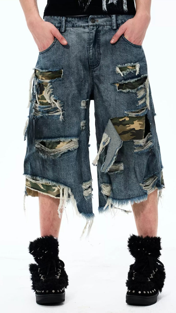 Distressed Patchwork Denim Shorts