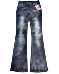 Dark wash denim flare jeans with front pockets, button fly, and flared legs