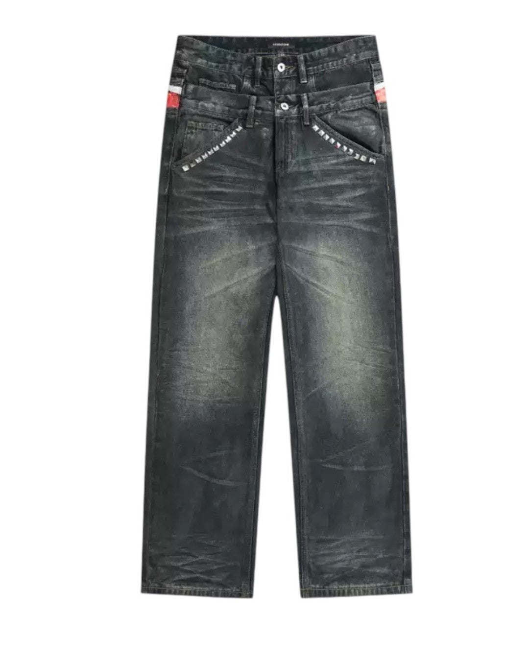 Black wide-leg jeans with button closure, stitched side stripes, and faded texture