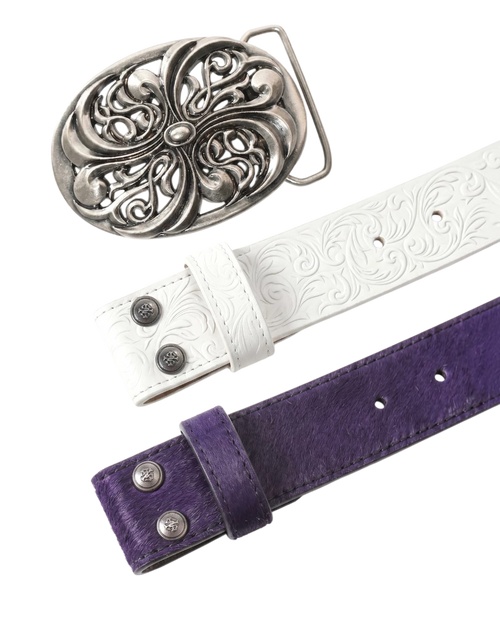 2-strap belt set, white embossed belt and purple suede-look strap with snaps